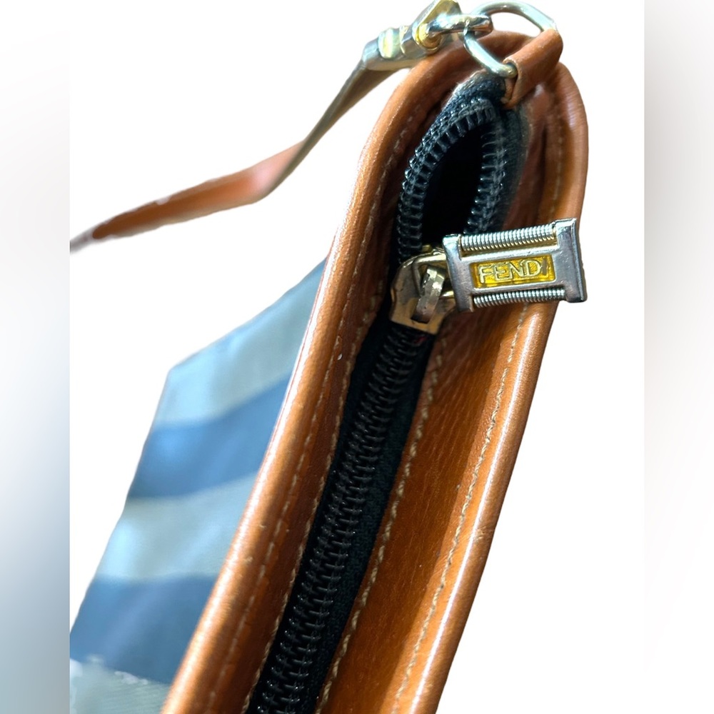 Vtg FENDI Pequin Stripe Brown Coated Canvas Long Strap Shoulder Crossbody Purse - Picture 9 of 9